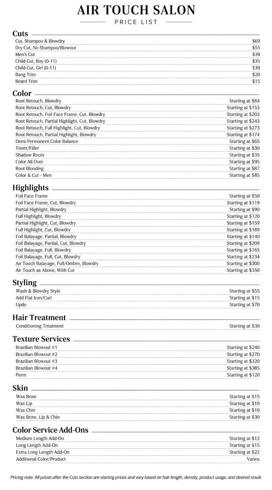 Price List